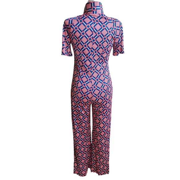 M 1OF1 Vintage Jumpsuit Bellbottom 1970's Zip-Front Mod Geometric Print Handmade - Picture 3 of 11